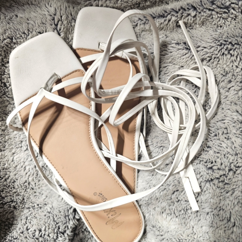 EUC White Tie Up Leather Strappy Sandals